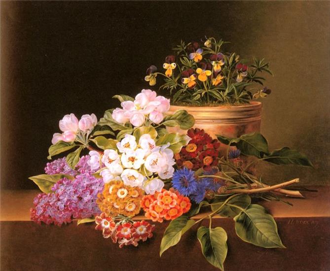 Jensen Johan Laurentz - Apple Blossoms, Lilac, Violas, Cornflowers and Primroses on ....jpg