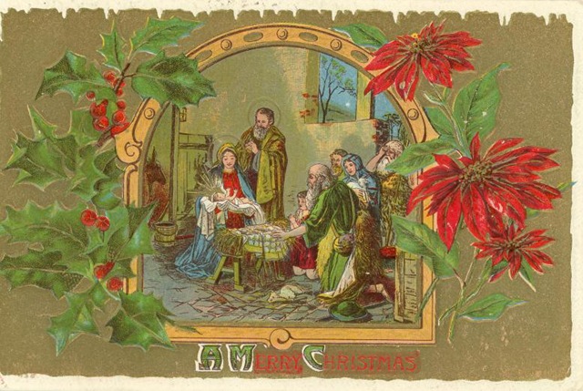 Boże Narodzenie 1 - vintage-christmas-card-jesus-mary-and-joseph-wise-men-poinsettias.jpg