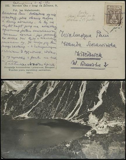 FDC - 1919 kartka z Zakopanego, znaczek z usterką brak lewej kropki po h, widokówka Morskie Oko.jpg